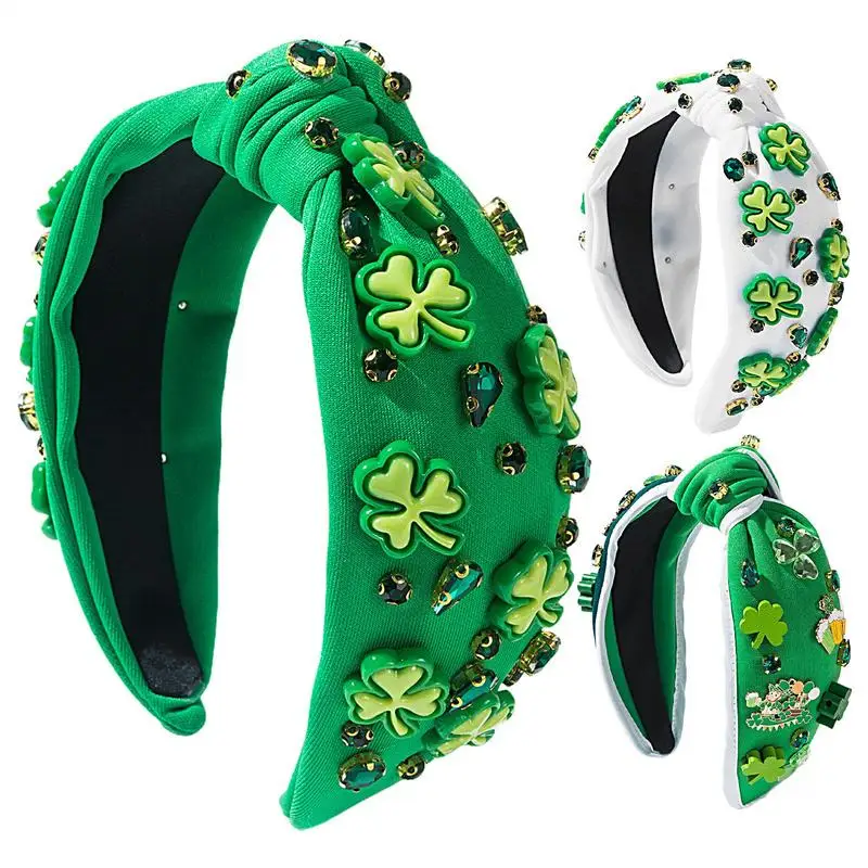 St Patricks Day Knotted Headband Decorative Green Shamrock Headband Embellished Rhinestone Wide Top Headbands Women Accessories