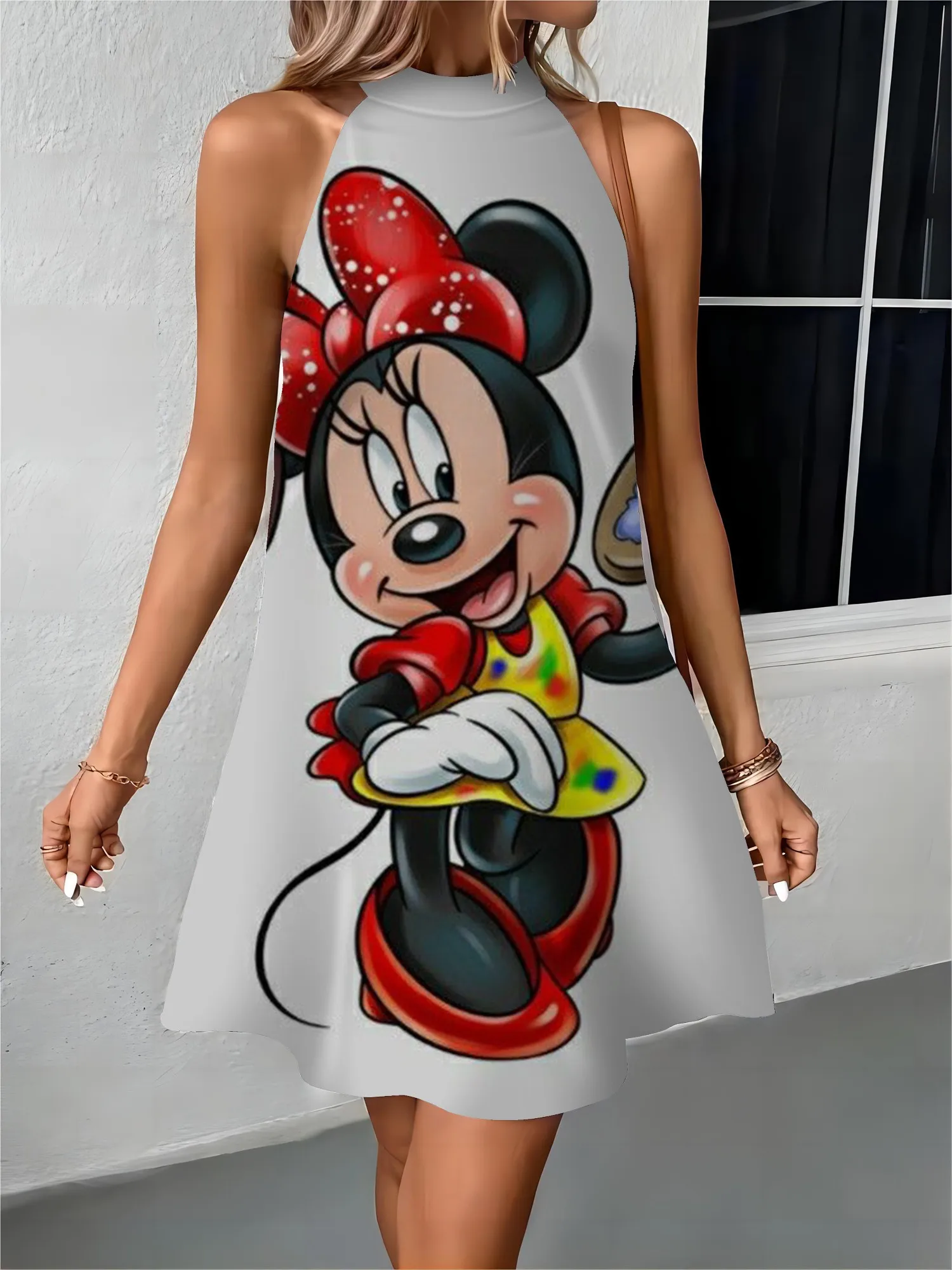 Womens Dresses Female Dress Disney Apron Off Shoulder Bow Knot Mickey Minnie Mouse Fashion Summer 2024 Elegant Women Party Midi