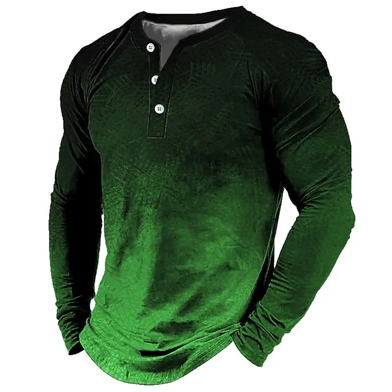 New Gradient 3D Printing Men's Henley Shirts Fashion Vintage Streetwear Oversized Button Long Sleeve T Shirt Tops Man Clothing