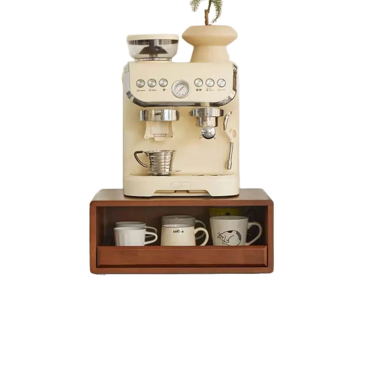 Solid wood coffee machine riser coffee cup storage rack desktop cup rack drawer-style cup storage
