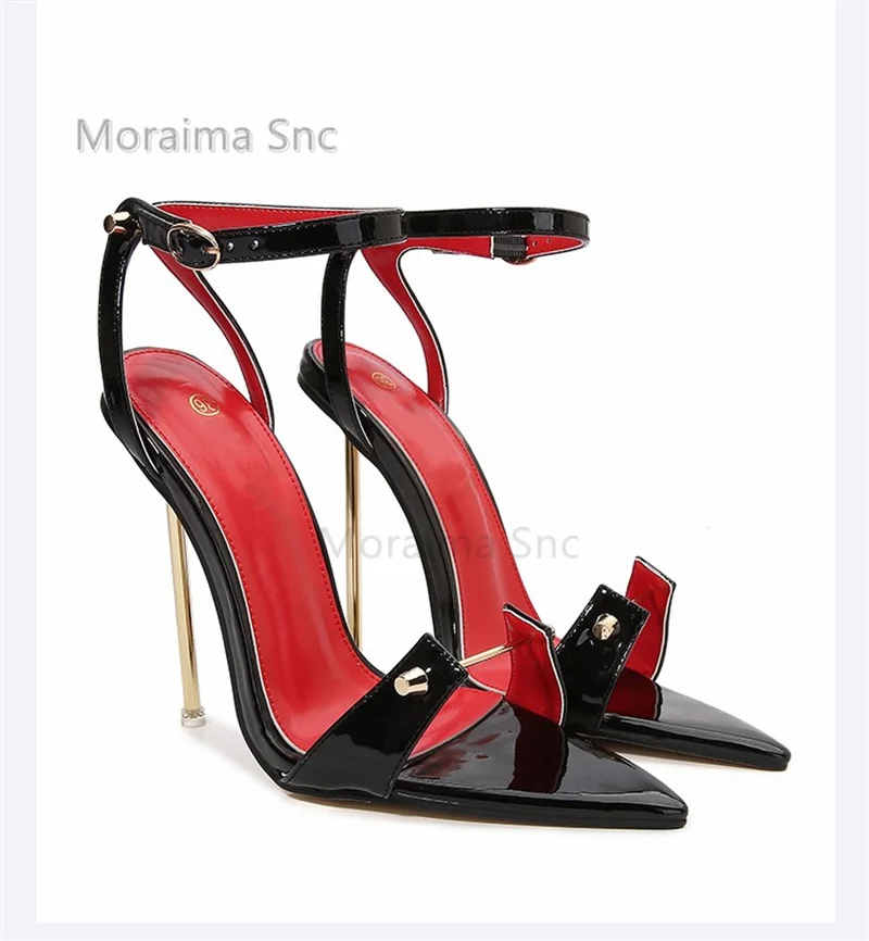 

Metal Stiletto Heels Women's Sandals Pin Buckle Pointed Toe Patent Leather Sexy Black High Heeled Banquet Party Shoes Summer