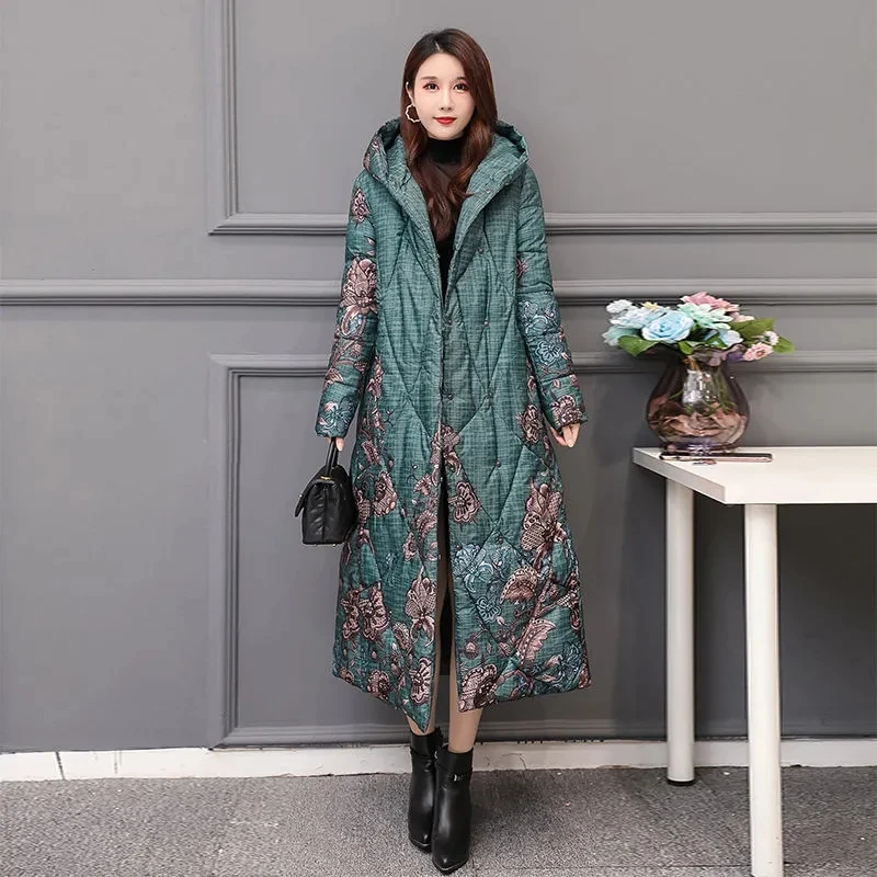 Ethnic style Down cotton Jacket Parka Women\'s 2024 Winter New Print Hooded Coat Female Loose Thicken Overcoat Warm Long Parkas