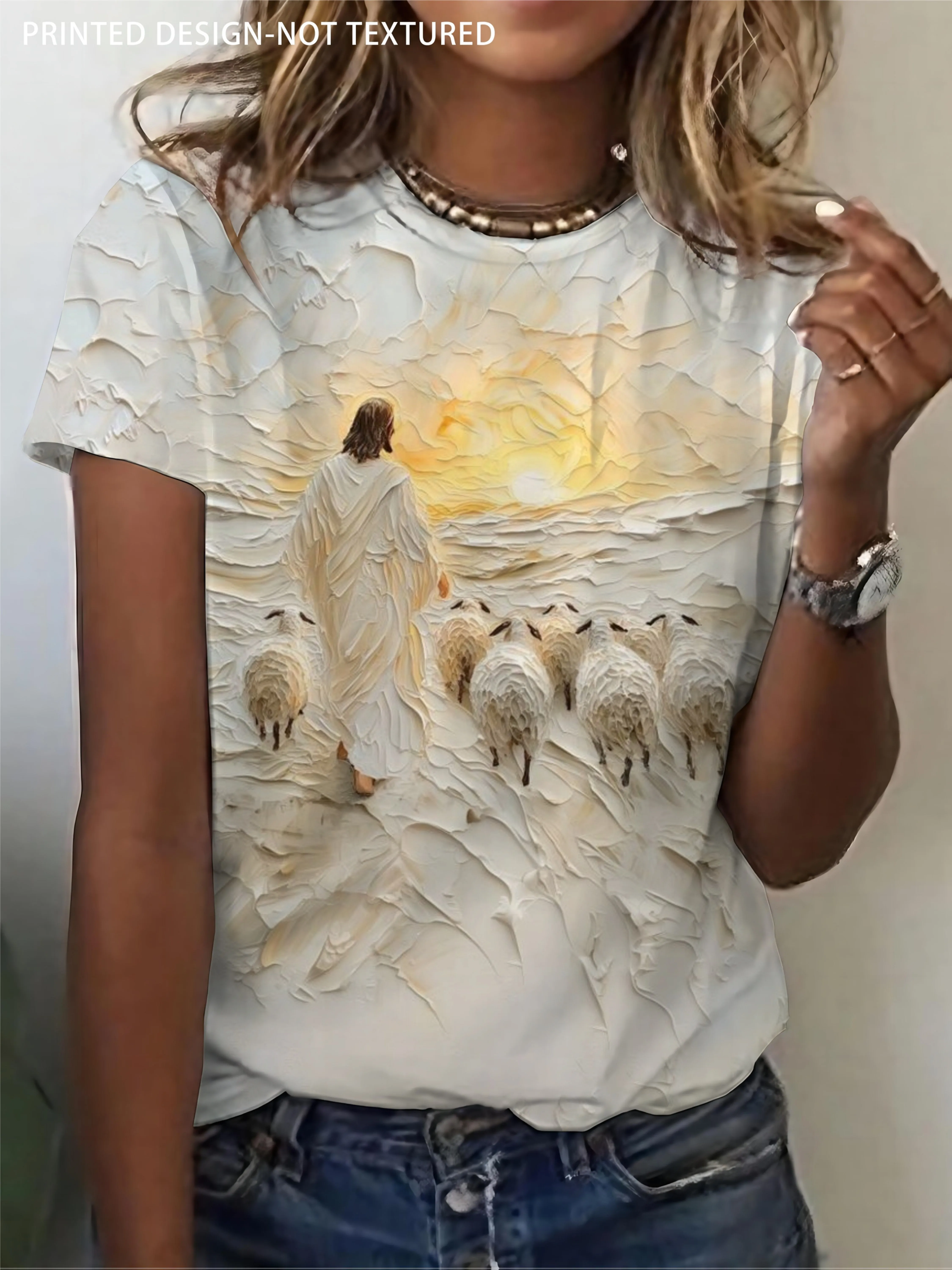 Women Short Sleeve T‑Shirt Shepherd And Sheep Scenery Art Print Crew Neck Loose Summer Casual Tops