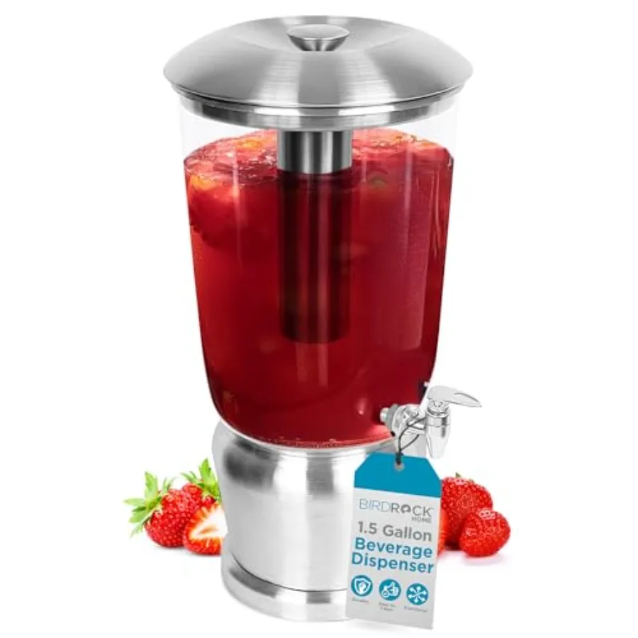 

1.5 Gallon Stainless Steel Beverage Dispenser with Ice Container Stand Spigot - Round - BPA Free Clear Tritan Plastic