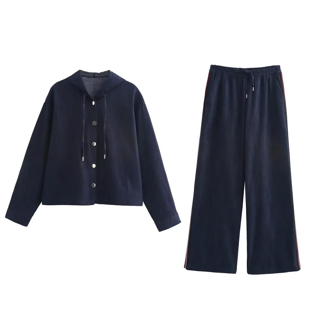 Kar&Otza 24 Autumn New Product Hooded pleated breasted shirt with side stripes denim wide leg pants casual set