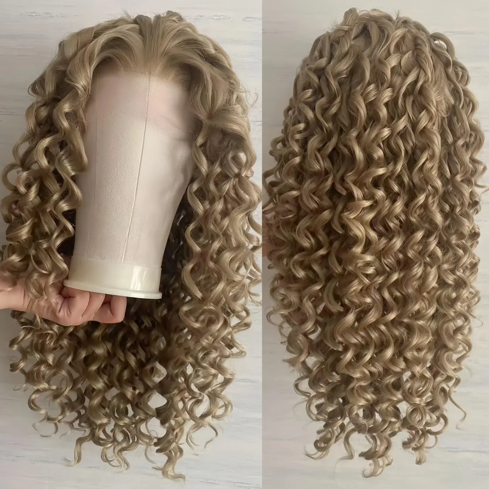 

Long Blonde Curly Wigs for Women Synthetic Ash Blonde Afro Curly Hair Free Part Heat Resistant Fiber Wig Daily Party Cosplay