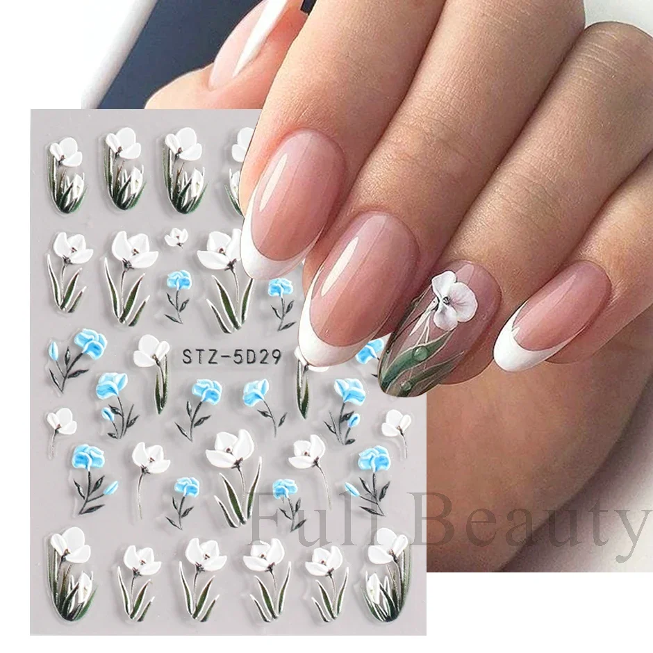 5D Simple Flowers Nail Embossed Stickers Elegrant Wedding Design Adhesive Sliders Summer Textured Engraved Decoration LYSTZ5D-30