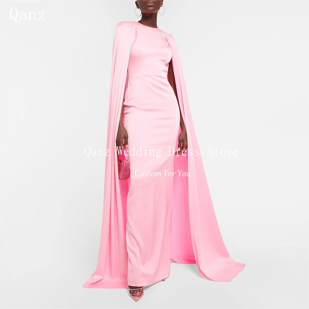 

Qanz Elegant Pink Arabic Evening Dresses O Neck Long Cape Sleeves Slit Abendkleid Luxus 2024 Satin Mermaid Formal Occasion Dress