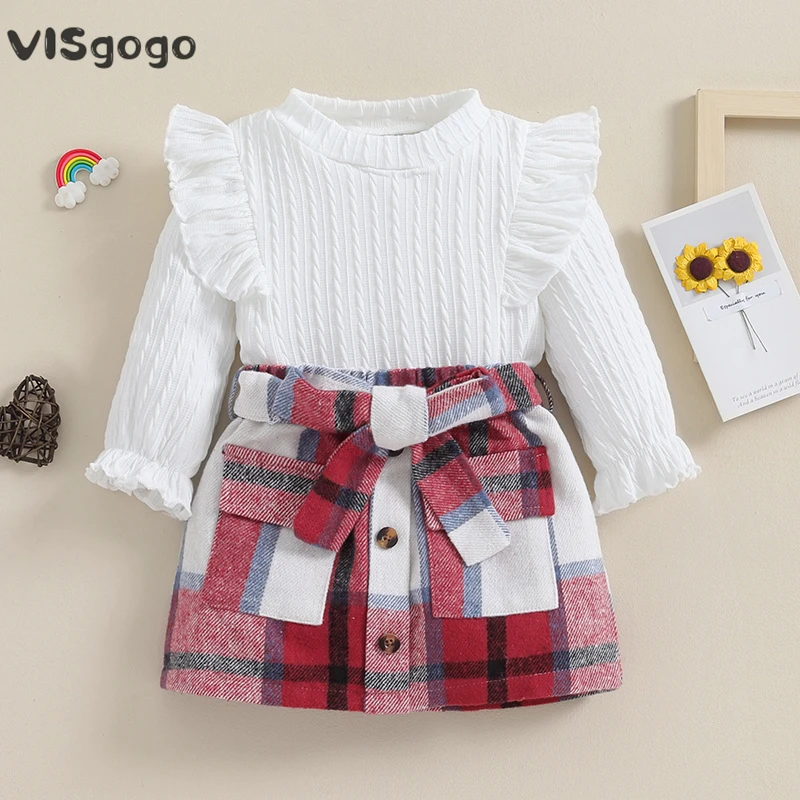 

VISgogo 2Pcs Kids Girls Fall Winter Outfits Solid Color Rib Long Sleeve Ruffle Tops High Waist Plaid Skirt with Belt Clothes Set