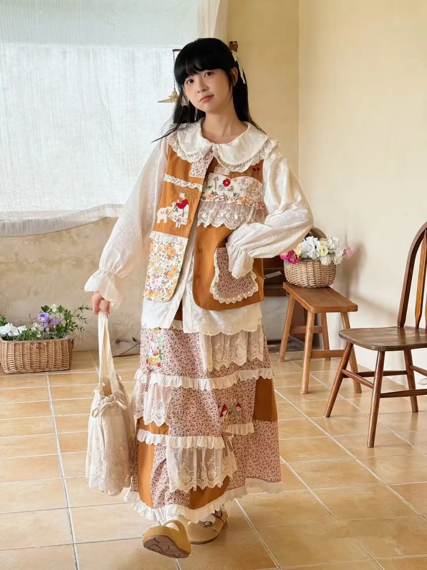 Mulheres vintage algodão saias longas japonês mori menina cintura elástica solta kawaii midi saia faldas mujer