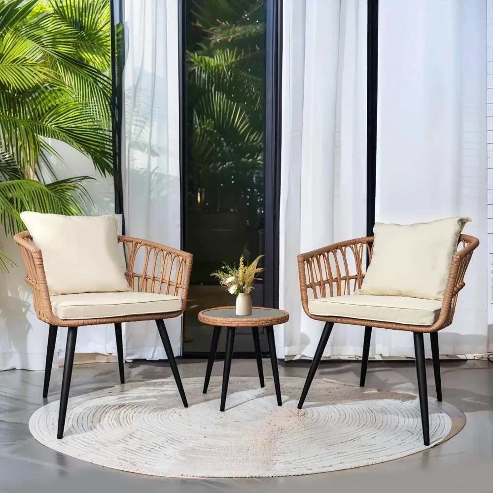 

3 Piece Patio Wicker Bistro Set, All-Weather Outdoor Balcony Furniture Set with Tempered Glass Table and Cushioned Chairs for Ba