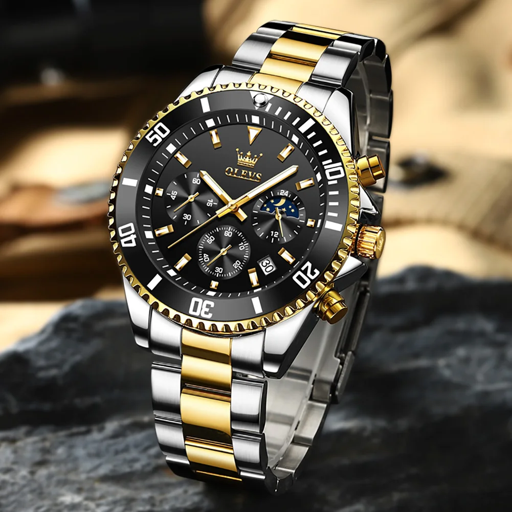 OLEVS, relojes de moda para hombre, marca superior, reloj de acero inoxidable de lujo, reloj de pulsera de cuarzo resistente al agua, reloj deportivo multifuncional