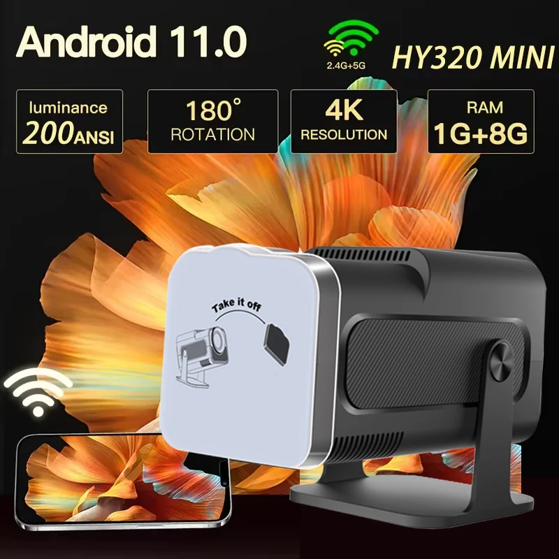 

Mini 4K Smart Video Projector, 720P HD, 200ANSI Brightness for Android 11.0, Dual WIFI Band, Home Theater and Outdoor Use