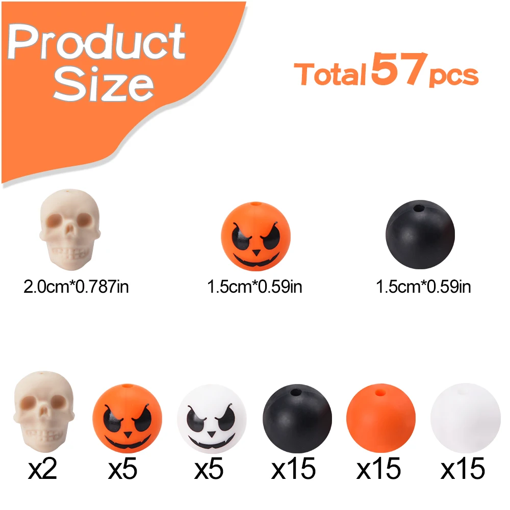 LOFCA 57Pcs Silicone 3D skull Ghost  Beads Halloween Jewelry Skeleton For Jewelry Making DIY Necklace Keychain Accessories