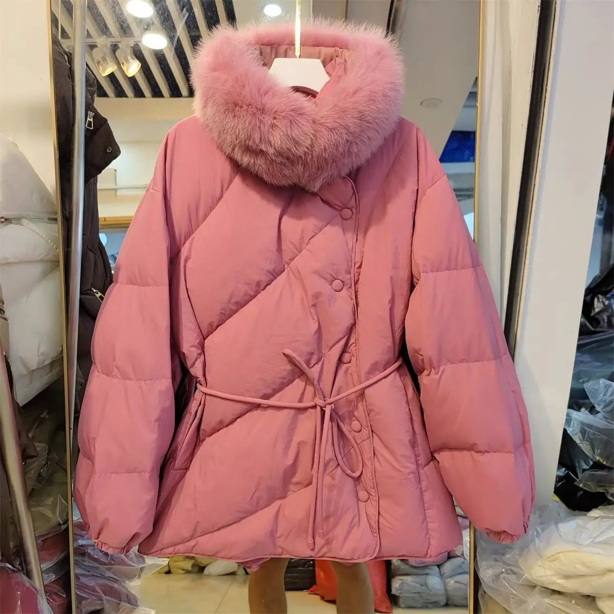 

Korean Fashion Women Puffer Jackets Big Fox Fur Collar Drawstring Belt Slim White Duck Down Coat