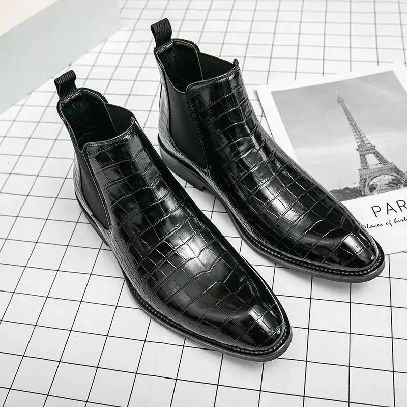 New 2024 Autumn Men Leather Ankle Boots Slip on Casual Shoes Fashion Plaid Design Chelsea Boot Men High Top Botines image 4