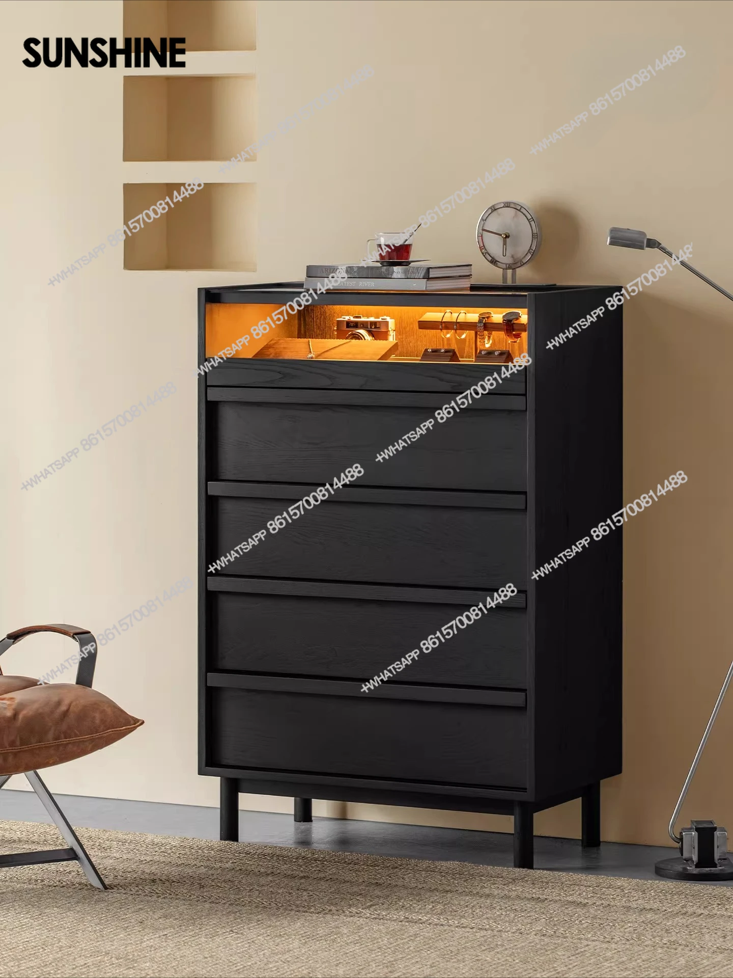 

Solid wood black modern minimalist living room bedroom bedside cabinet ash wood locker