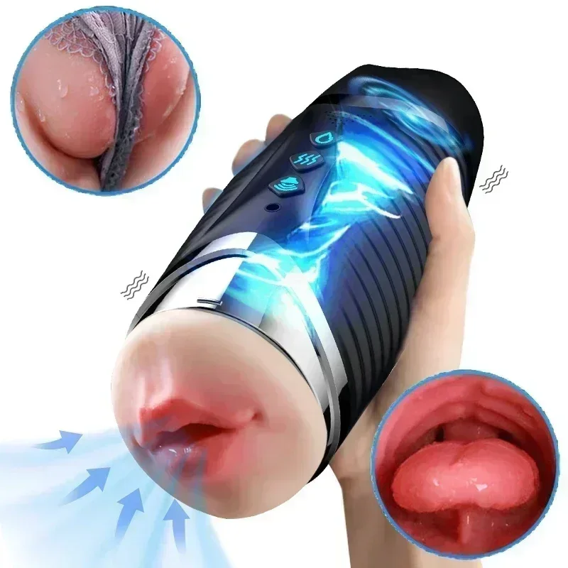 Dual Channel Male Masturbation Cup Heating Vagina Vibrating Mouth Oral Blowjob Vibration 2 in 1 Pocket Pussy Men Masturbator