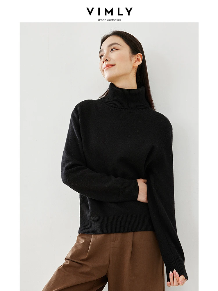 Vimly Black Turtleneck Women\'s Sweater Long Sleeve Knit Pullovers 2023 Winter Warm High Strecth Female Jumpers Knitwear 16326