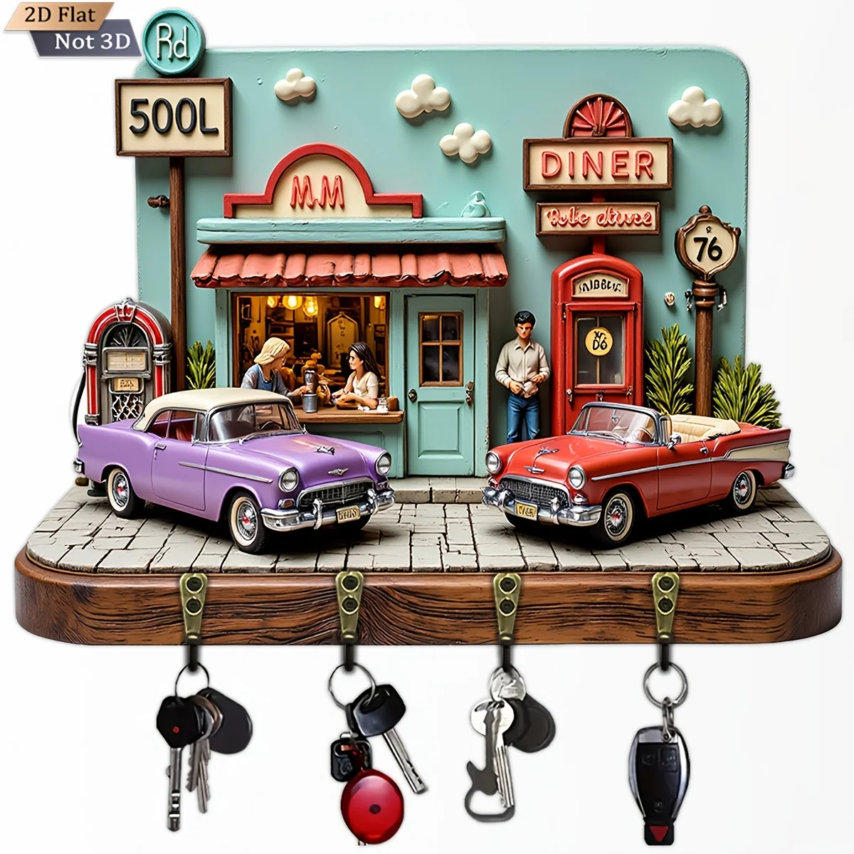 2D plano, 1 pieza, gancho para llaves multifuncional de madera estilo comedor americano vintage con cuatro ganchos de metal, decoración de pared, decoración de porche,