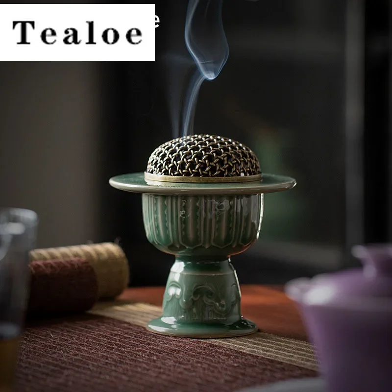 

Yue Kiln Celadon Incense Burner Boutique Relief Art High Foot Incense Holder Household Ceramic Indoor Sandalwood Incense Plate