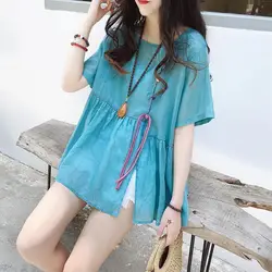 Round Neck A-line Lace Up Buckle Slit Sweet Women's Shirt Summer Loose Slimming T-shirt Western-style Cotton Linen Top for Women