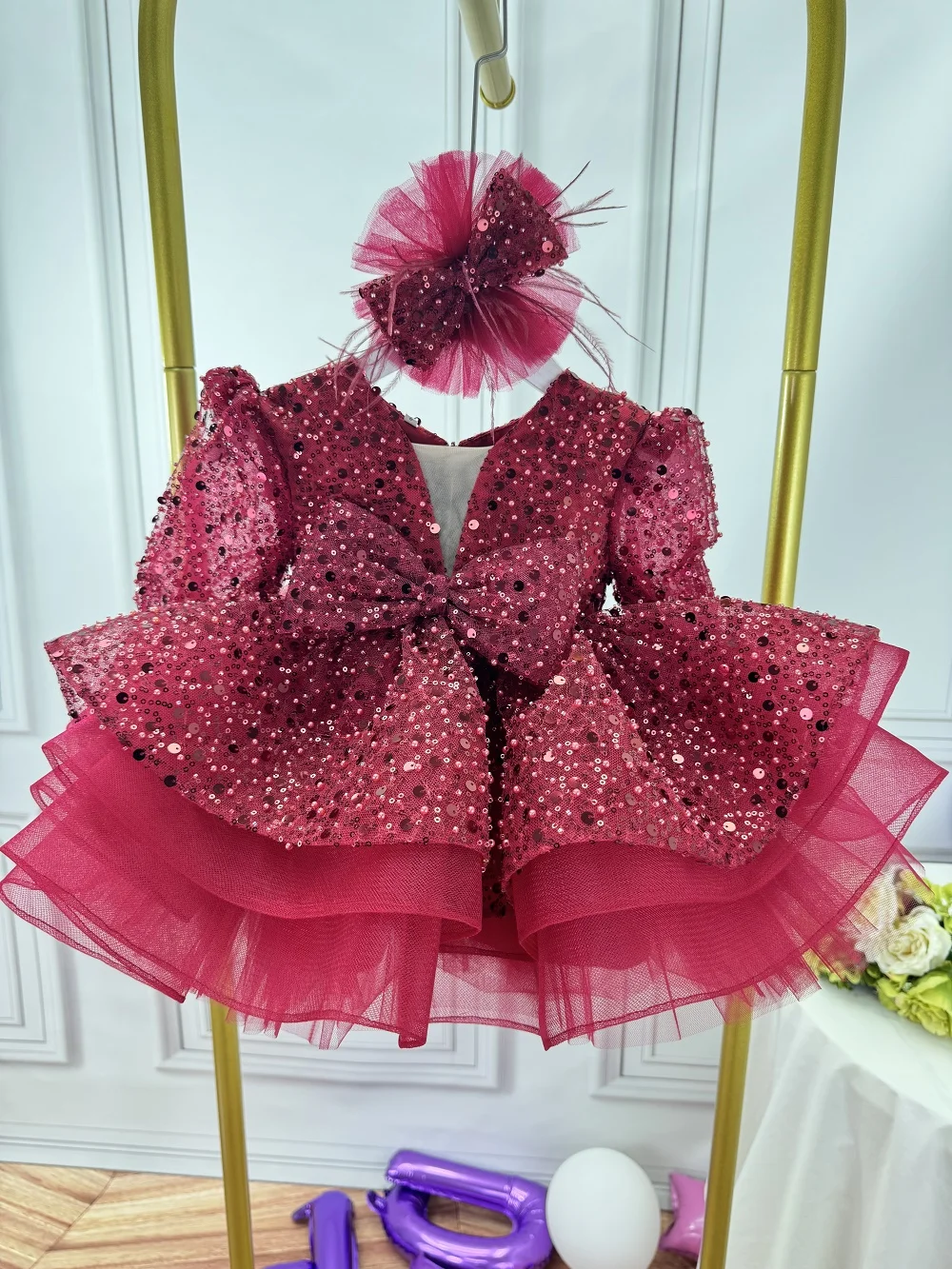 Gorgeous Girls New Year V -neck Swip Long Sleeve Lace Type Princess Skirt Elegant Girl Birthday Party Dance Evening Dress