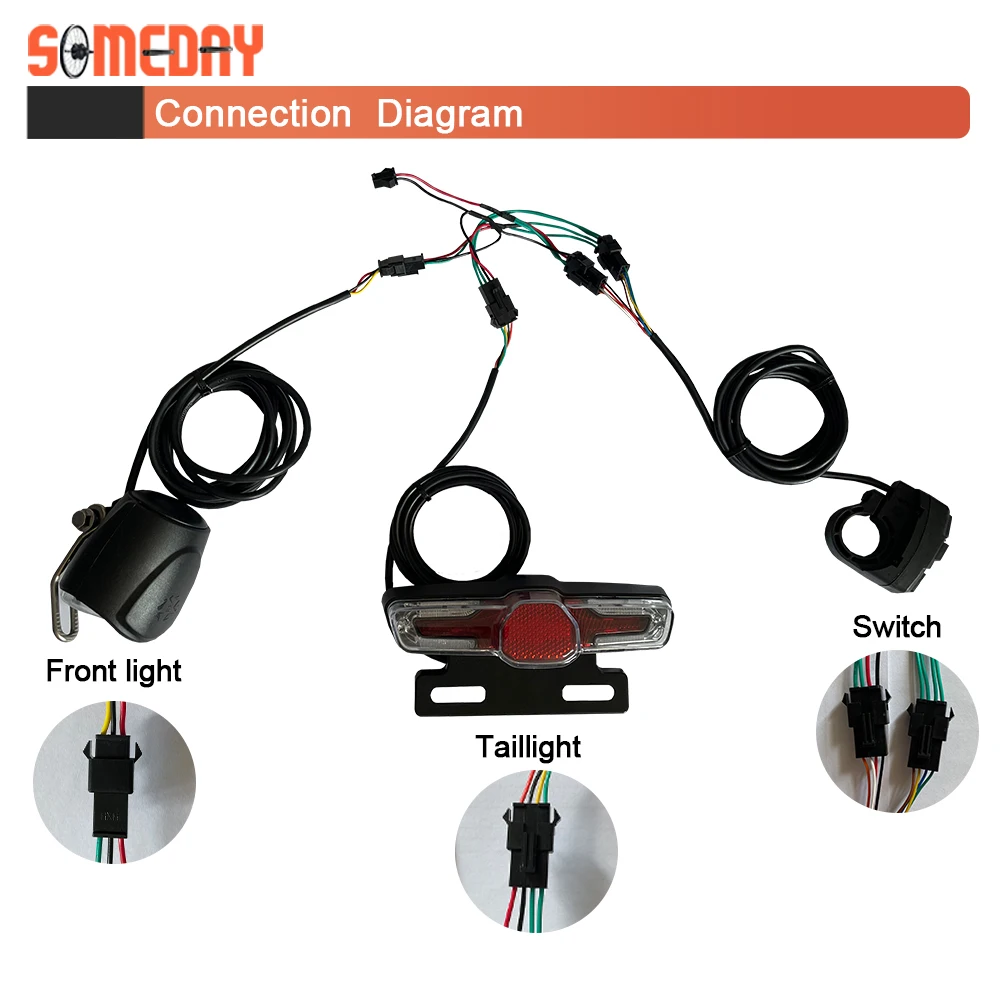 Ebike Light and Horn Switch Cable 24/36/48V/60V/72V Front And Rear Warning Lights Set For Electric Bike Scooter Accessories