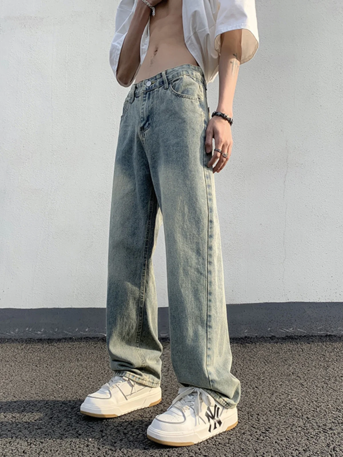 

Retro American Denim Jeans Men Loose Straight Leg High Street Trendy Brand Versatile Waed Wide Leg Casual Long Pants