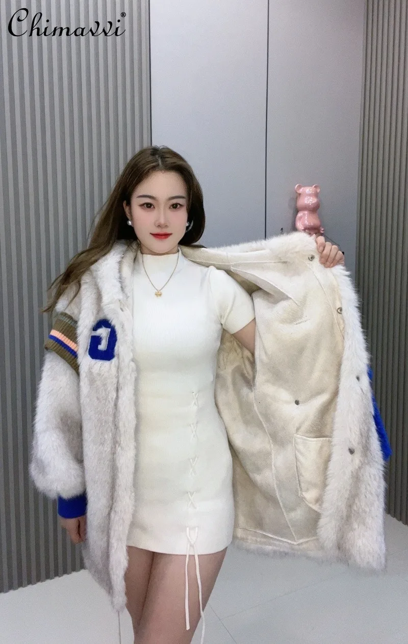 Winter New European Style Loose Fur Hooded Coat Fashion Letter Heavy Long Sleeve Warm Elegant Women's Faux Fur Jackets