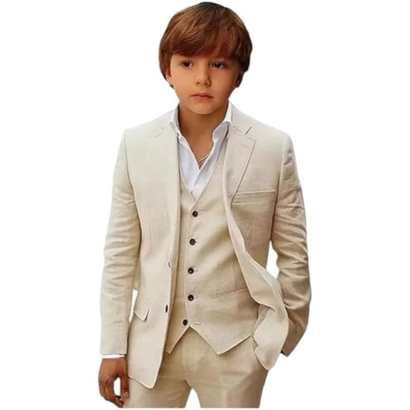 Beige Linen Boy Suits Notched Lapel Single Breasted Blazer Vest Pants Formal Wedding Tuxedo Daily Casual Beach SummeKid Clothes