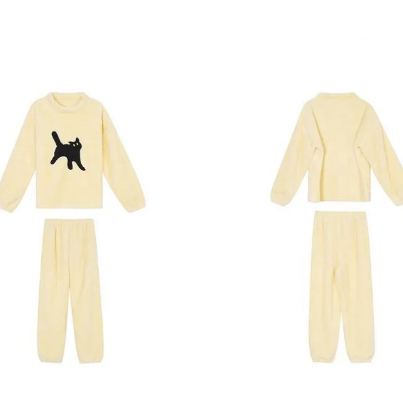 2024 New New Yellow Cat Homewear Suit Thick Coral Velvet Pajamas Round Collar Warm Loungewear Loose Cute Cat Fleece Sleepwear