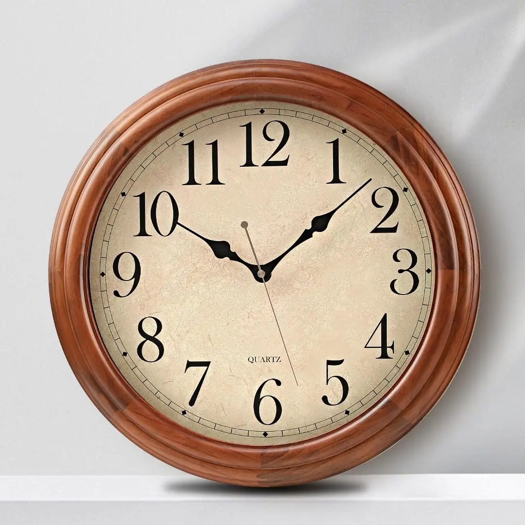

16 Inch Wooden Wall Clock With Large Numbers Retro Round Brown Silent Quartz For Living Room Kitchen