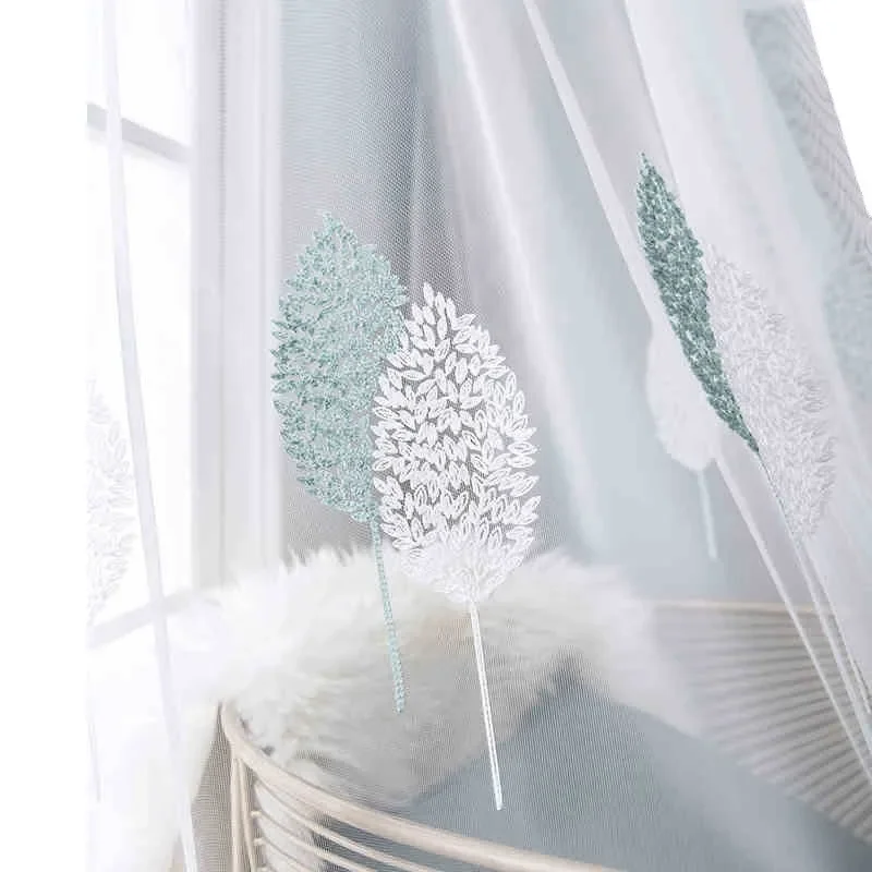 Window Leaf Embroidered Screen Window Screen Blue White Double Tree Gauze  Tulle 1PC Curtains Living Room Bedroom Balcony Bay