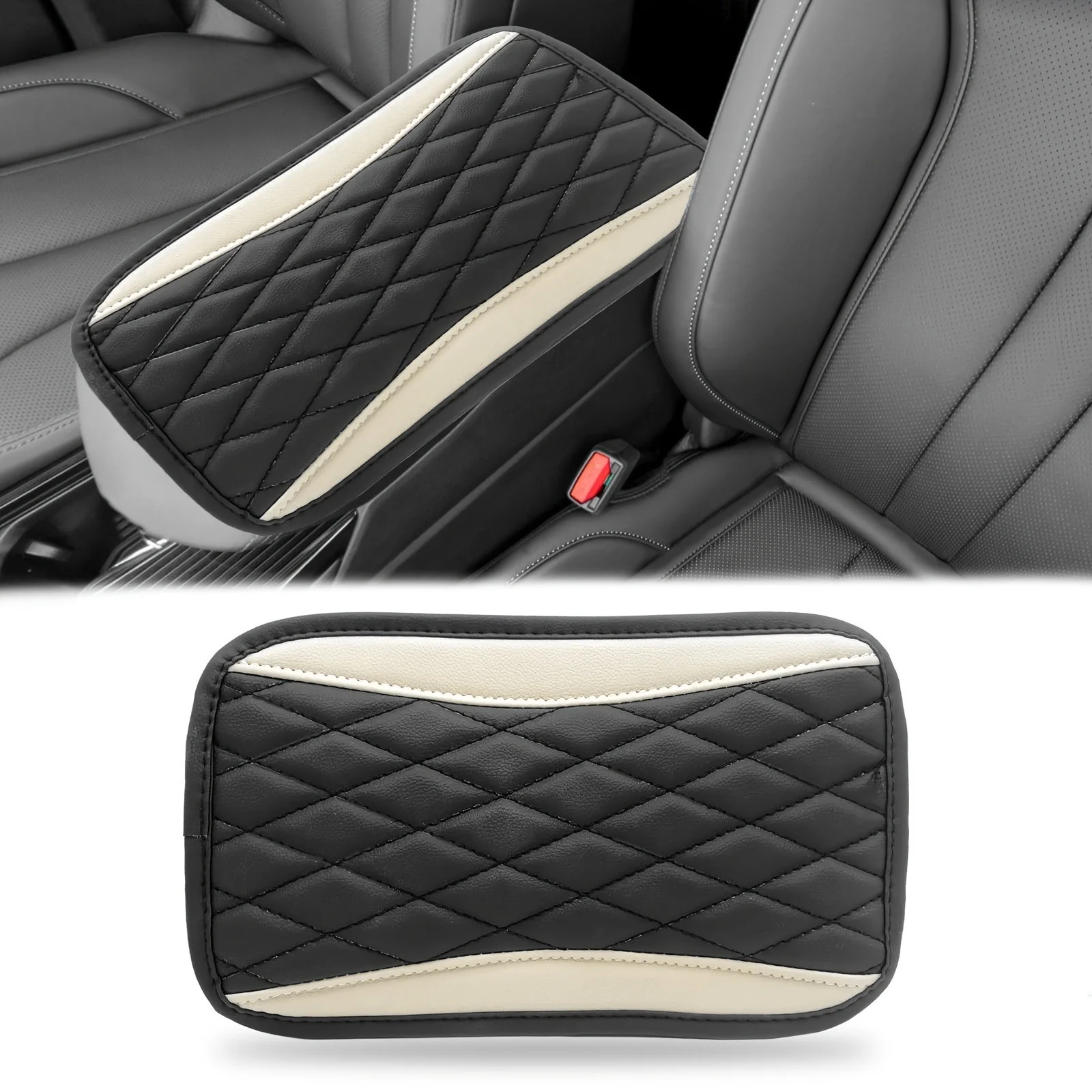 Elegantes Rautenmuster PU-Leder Auto-Mittelkonsolen-Schutzpolster mit Doppeltaschen oder ohne Taschen – Detail 12