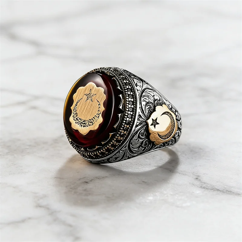 Retro Handgemaakte Turkse Ring Voor Mannen Vintage Zilveren Kleur Rood Zirkoon Ringen Punk Trendy Islamitische Religieuze Moslim Sieraden