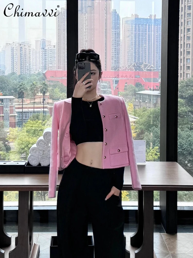 معطف كوري للركاب الحلو للنساء لربيع وخريف 2025 سترات صوفية قصيرة جديدة راقية بأكمام طويلة