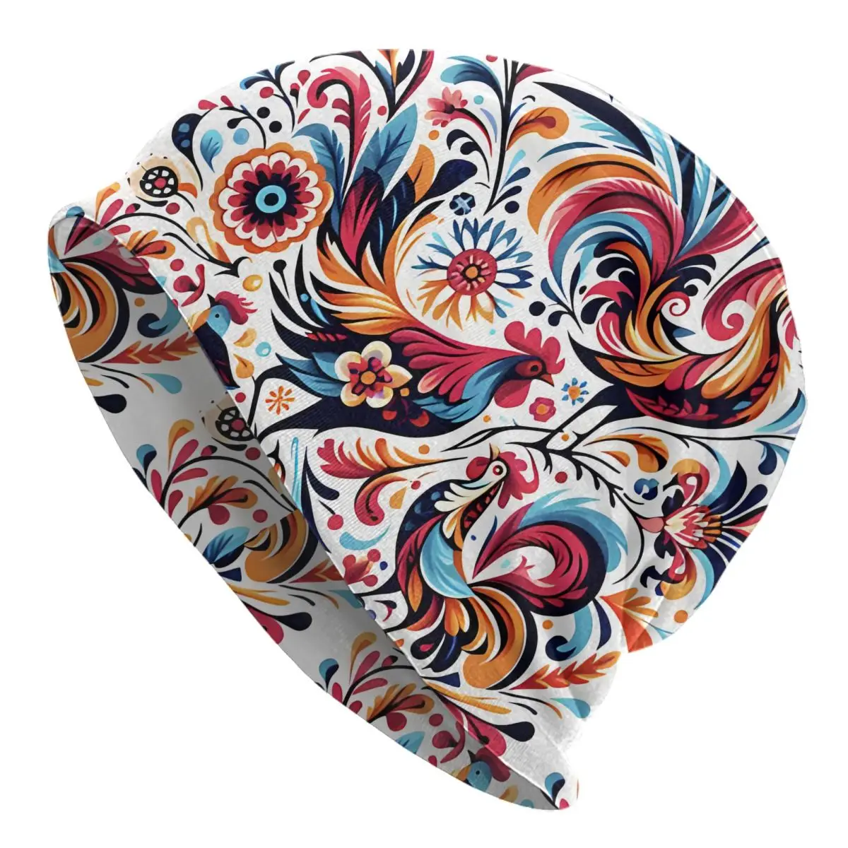 

Folk Composition With Flowers Roosters Bonnet Fashion Thin Skullies Beanies Caps For Men Creative Hats