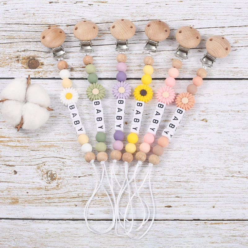 Baby Personalized Name Pacifier Chain Silicone Daisy Dummy Holder Chain For Handmade Wooden Baby Nipple Clips Nursing Chew Toys