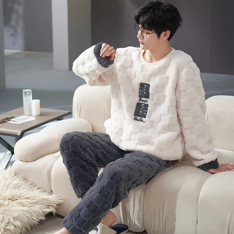 

Plus Size Men Pajamas Set Flannel Student Loungewear Long Sleeves Long Pants Teen Loungewear Easy Clean Cartoon Letters Cute Pa