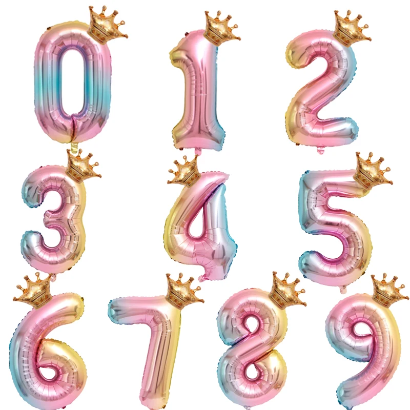 

32 Inch Pink Gradient Crown Balloons 0-9 Numbers Kids Birthday Wedding Party Decoration Balloons Baby Shower Supplies Kids Balls