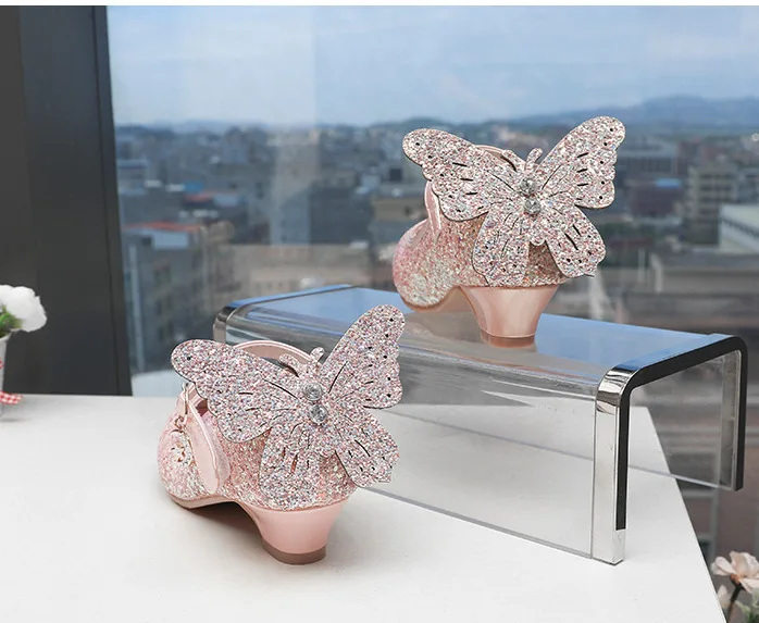 Princess Kids Leather Shoes For Girls Glitter Butterfly Knot Dress Banquet Party Children High Heel Shoe For kids Girls Sandals