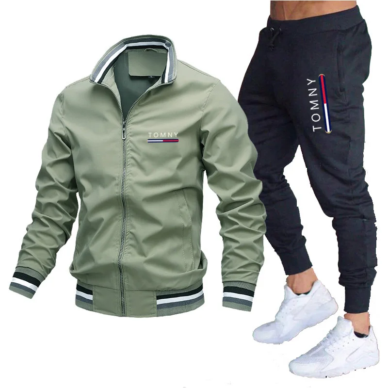 Conjunto de calças e montanhismo casual masculino, jaqueta com capuz, zíper de alta qualidade, corrida fitness, primavera, outono, conjunto de 2