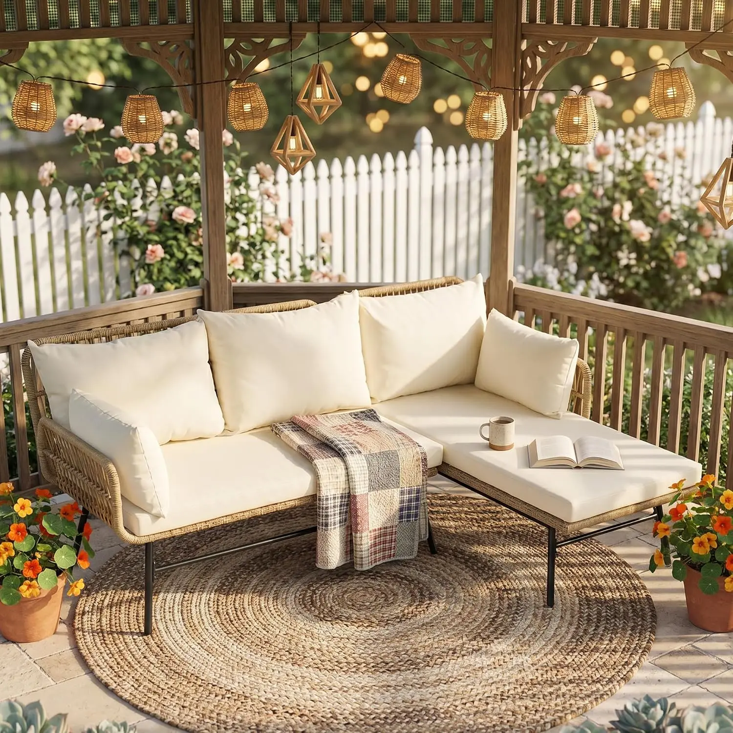 Japandi Weatherproof Rattan Outdoor Sectional Lounger Set on modern patio terrace
