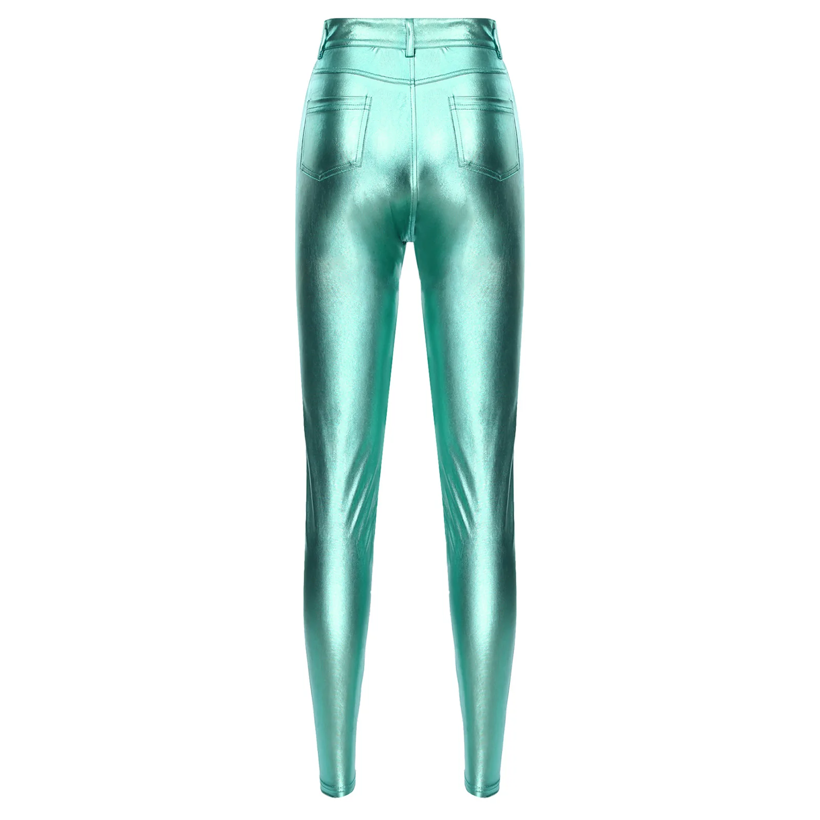 Womens Metallic Skinny Pants Fashion Zipper Fly Leggings with Pockets Music Festival Raves Clothings Pole Dance Party Clubwear