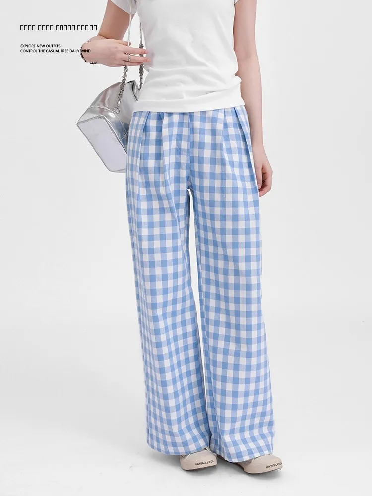 

Blue Plaid Wide Leg Pants Women's Casual Straight Leg Trousers Slimming Long Pants High Waist Commute Sle Summer 2025