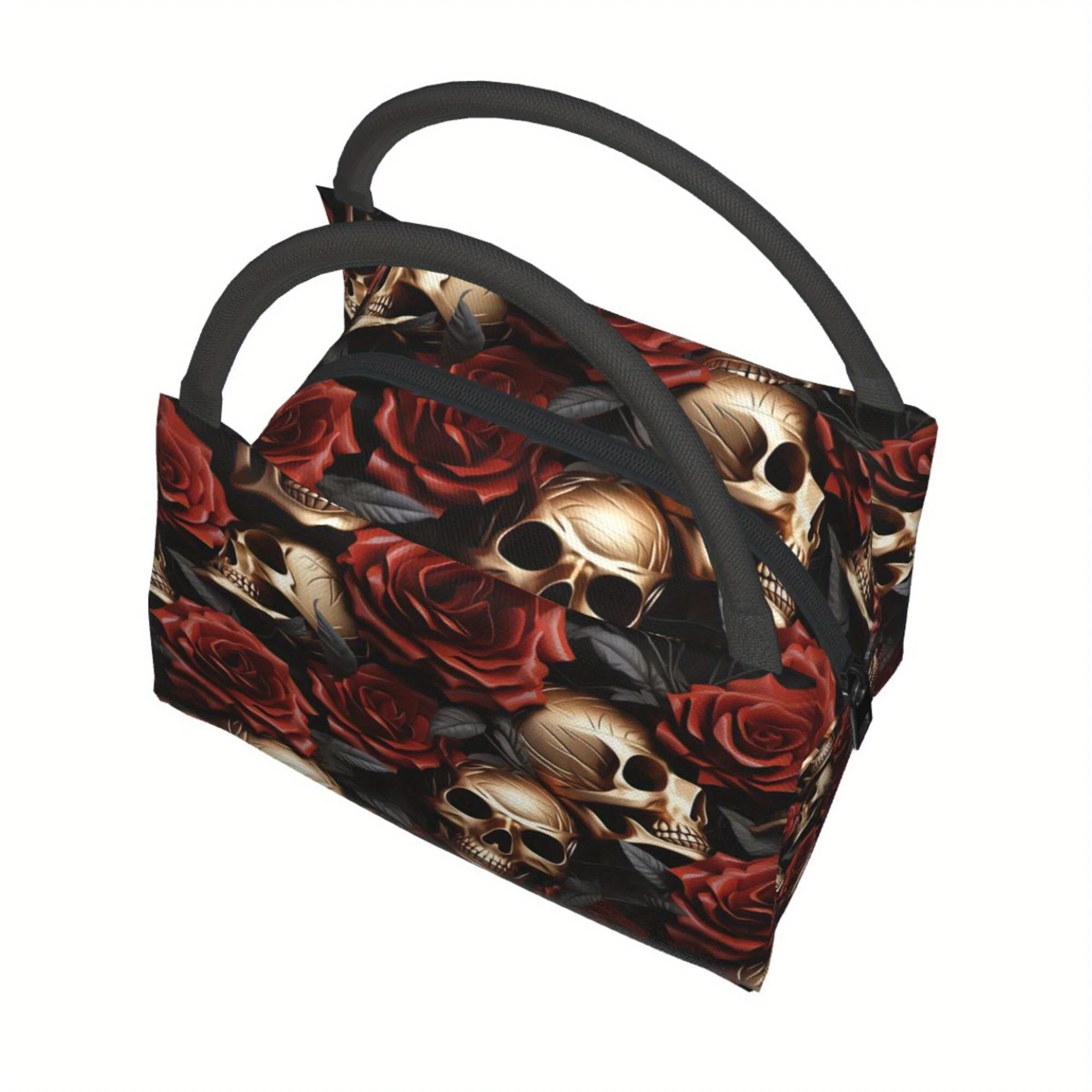 Gothic Rose Skull Print Insulated Lunch Tote Portable Cooler Bag for Office Picnic Camping