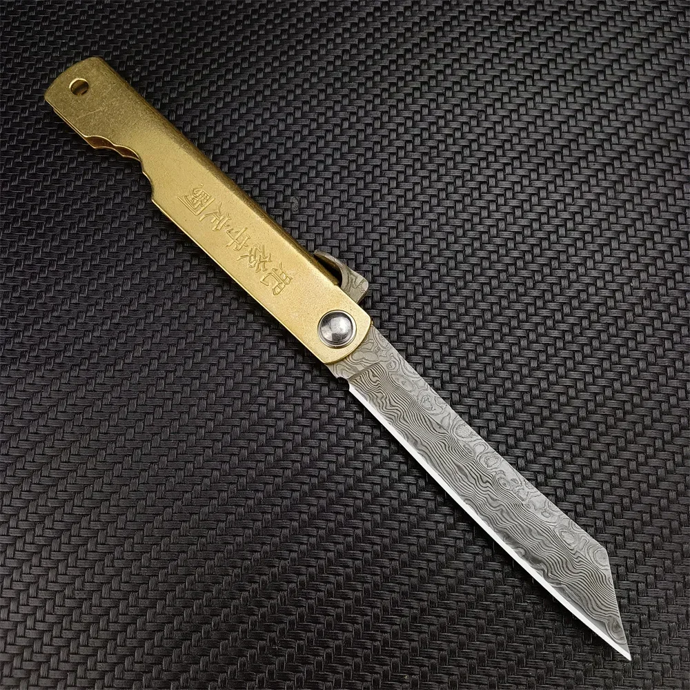 2024 Japanese Handmade Higonokami Mini Pocket Knife VG10 Damascus Blade Brass Handle Outdoor Tactical Hunting Folding Knives