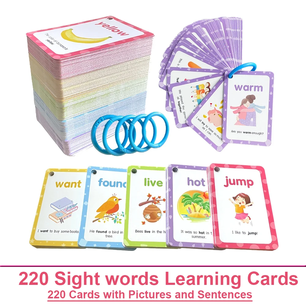 220 Sight Words Flashcards with Pictures and Sentences, 5 Levels High Frequency Words Vocabulary Building Kids Teaching Aids