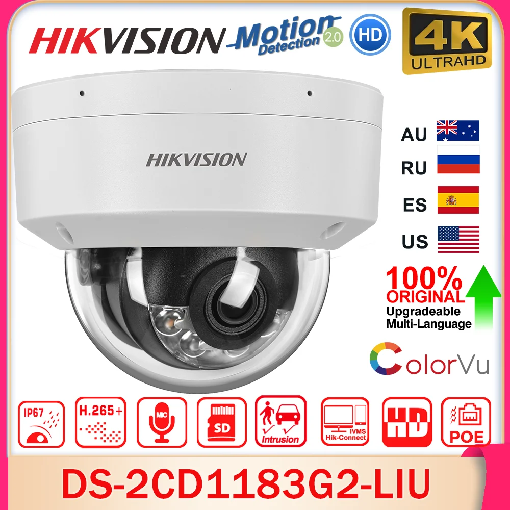 Hikvision 8MP ColorVu Smart Hybrid Light IP Camera DS-2CD1183G2-LIU MD 2.0 Human&Vehicle Detect MIC SD Slot IP67 POE CCTV IPC